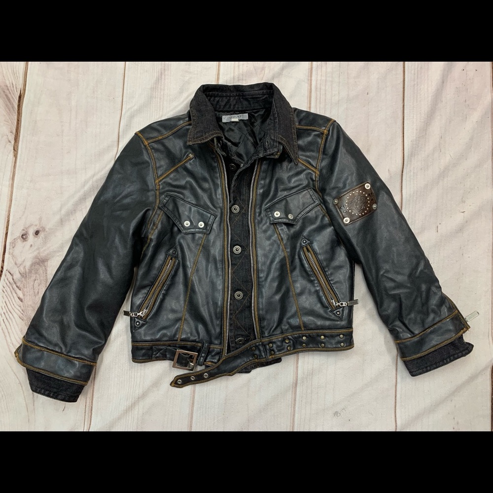 Versace Young Boys 6 Denim Rivets Belted Black Moto Biker Vegan Leather Jacket